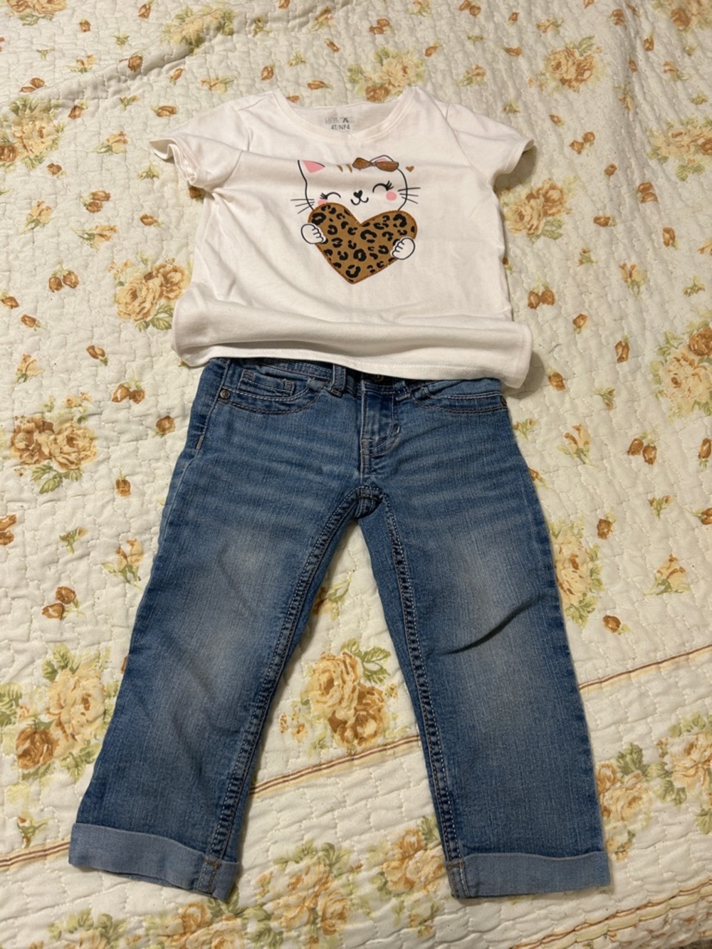 Garanimals White Tee with Leopard Heart Graphic & Blue Jeans — GENTLY USED!